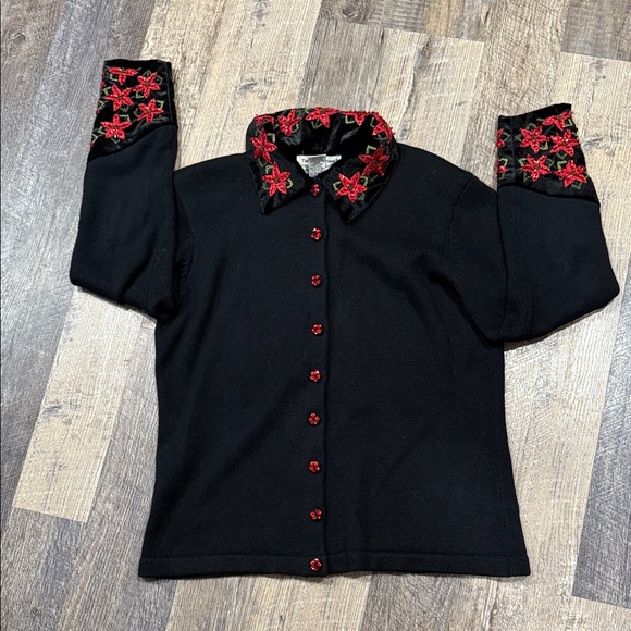 Elegant VTG Black Cardigan with Red Floral Embroidered Accents with Sequins